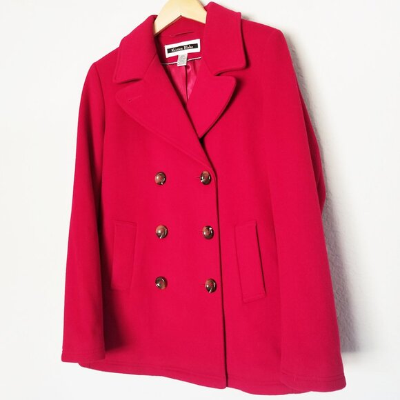 Kristen Blake Women’s M Red Wool Blend Double Breasted Pea Coat Classic Holiday - Picture 16 of 16